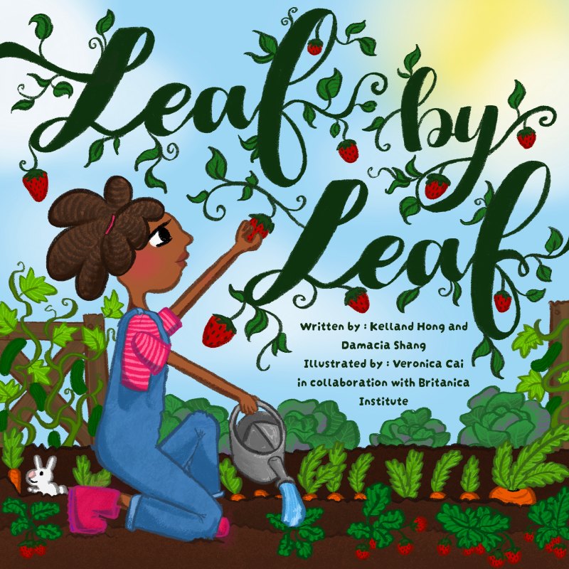 Cover of Leaf by Leaf, an illustrated children's book showing a girl picking strawberries in a garden
