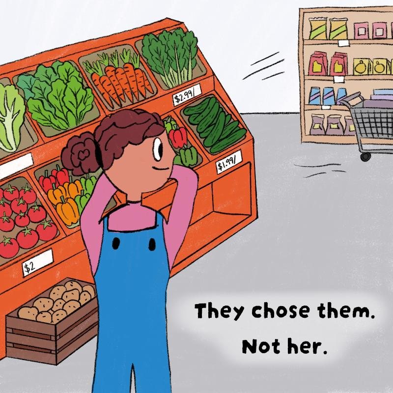 Book page: a girl at the vegetable market — They chose them. Not her.