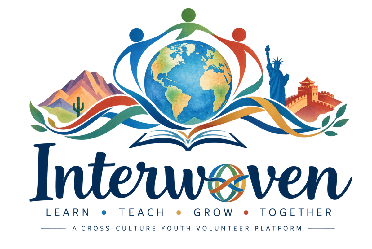 Interwoven logo — three figures holding a globe above an open book, between the mountains of Humahuaca, the Statue of Liberty, and the Great Wall. Learn, teach, grow, together.
