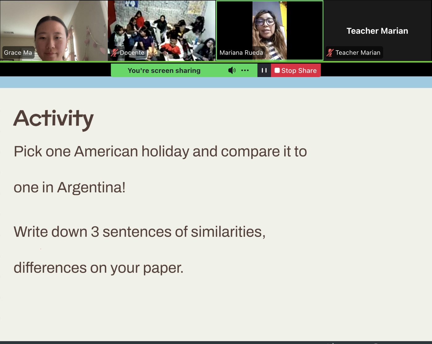 A slide asking students to compare an American holiday to one in Argentina
