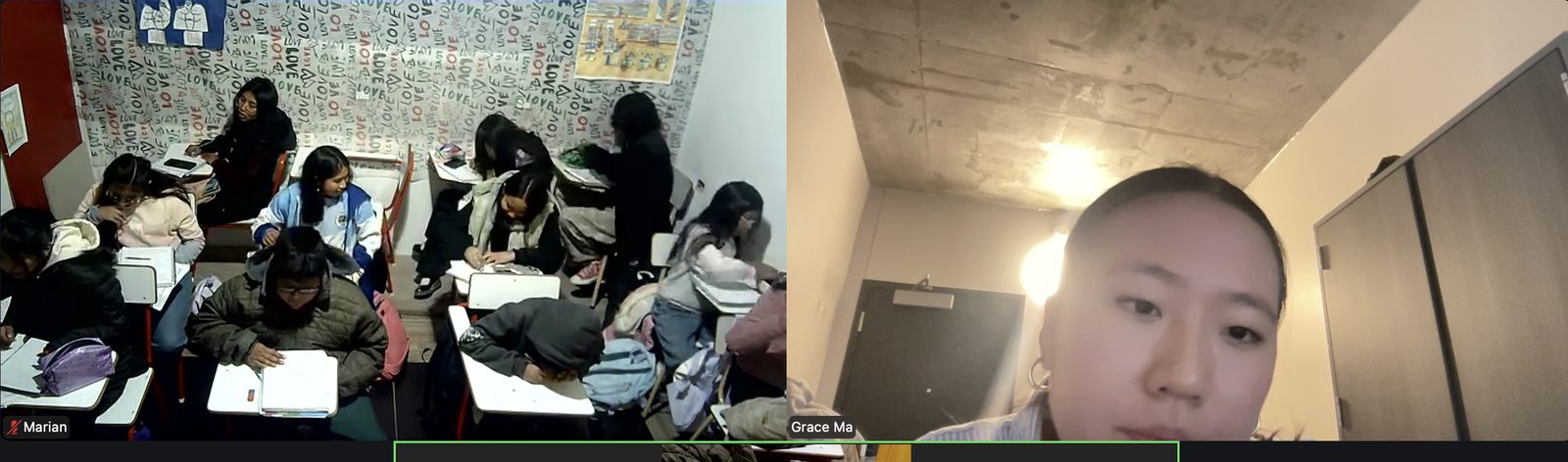 Grace teaching a virtual class with a classroom of students